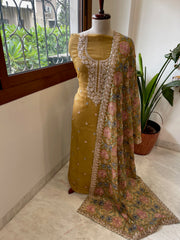 Mustard Suit Set with Thread Embroidery and Pitta Work in Georgette