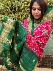 Pink, Green Handwoven Ikat Patola with Gotapatti & Pearl Handwork dupatta in Pure Silk