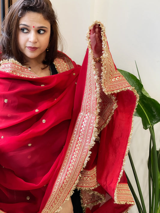 Red Chiffon Georgette Dupatta with Sequin Buta and Heavy Embroidered Border