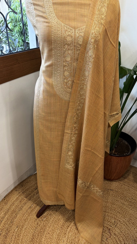 Skin Winter Suit Set with Aari Work in Pashmina Wool