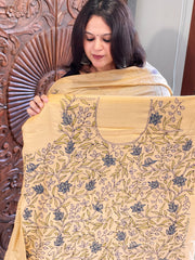Lite Peach Suit Set with Kantha Handwork in Pure Tussar Silk