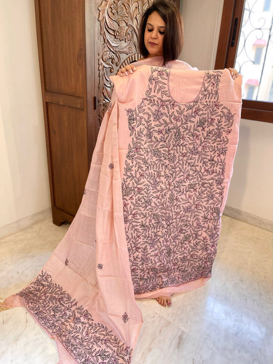 Lite Peach Suit Set with Kantha Handwork in Pure Tussar Silk