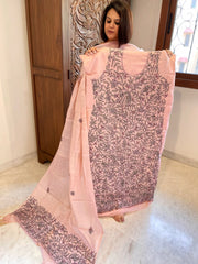 Lite Peach Suit Set with Kantha Handwork in Pure Tussar Silk
