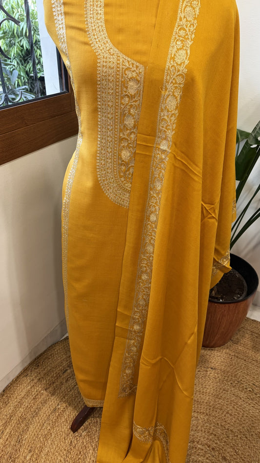 Yellow Winter Suit Set with Aari Work in Pashmina Wool