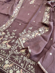 Mauve Suit Set with Parsi Gara Embroidery Dupatta in Mul Cotton
