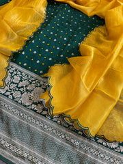 Bottle Green Handwoven Kadwa Banarasi with Hand Bandhani Suit Set in Pure Silk