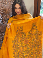 Orangish Yellow Suit Set with Kantha Handwork in Pure Tussar Silk