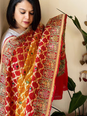 Yellow, Red Rai Bandhej Dupatta with Meenakari Jaal design in Georgette