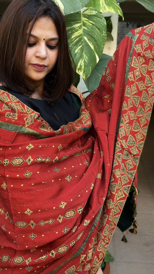 Rust Ajrakh Handblock Printed Silk-Woollen Shawl