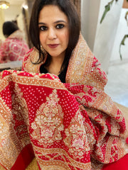Red Handwoven NeemZari Bareek Bandhani with Meenakari and Dabka Handwork in Pure Georgette
