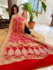 Red Handwoven NeemZari Bareek Bandhani with Meenakari and Dabka Handwork in Pure Georgette
