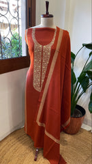 Rust Winter Suit Set with Aari Work in Pashmina Wool