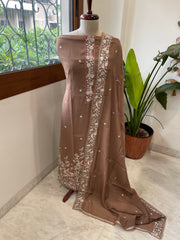 Brown Suit Set with Parsi Gara Embroidery Dupatta in Mul Cotton