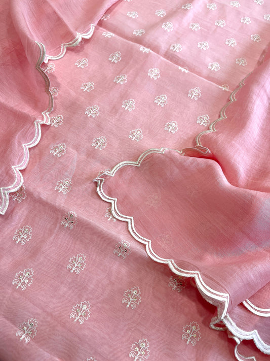 Peachish Pink Suit Set with Gold Thread & Sequin Work in Pure Mul