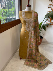 Mustard Suit Set with Thread Embroidery and Pitta Work in Georgette