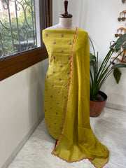 Greenish Yellow Suit Set with Thread Embroidery in Pure Mul