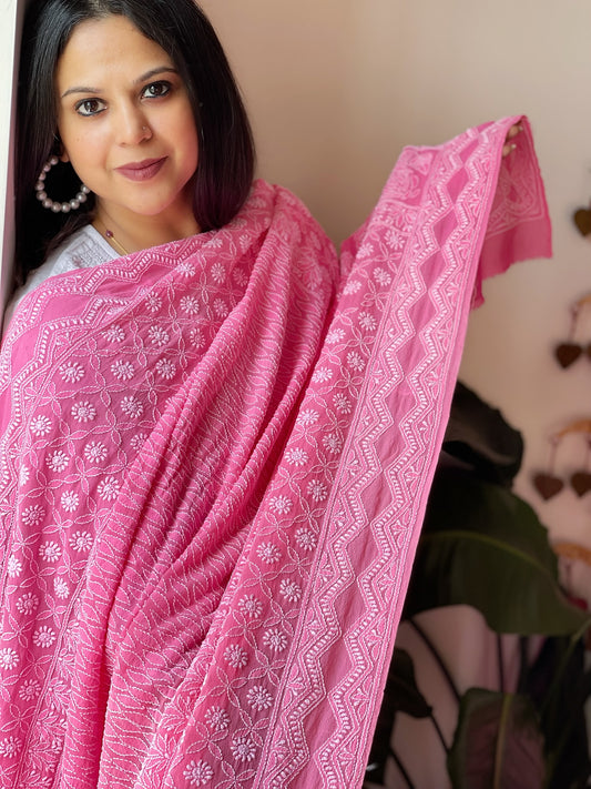 Pink Lucknowi Handwork Dupatta in Pure Georgette