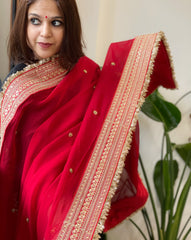 Red Chiffon Georgette Dupatta with Sequin Buta and Heavy Embroidered Border
