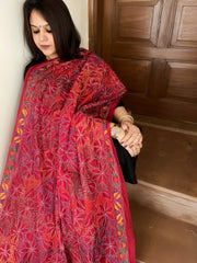 Red Handmade Reverse Nakshi Kantha Dupatta in Silk