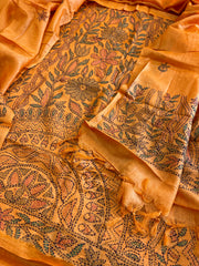 Orangish Yellow Suit Set with Kantha Handwork in Pure Tussar Silk