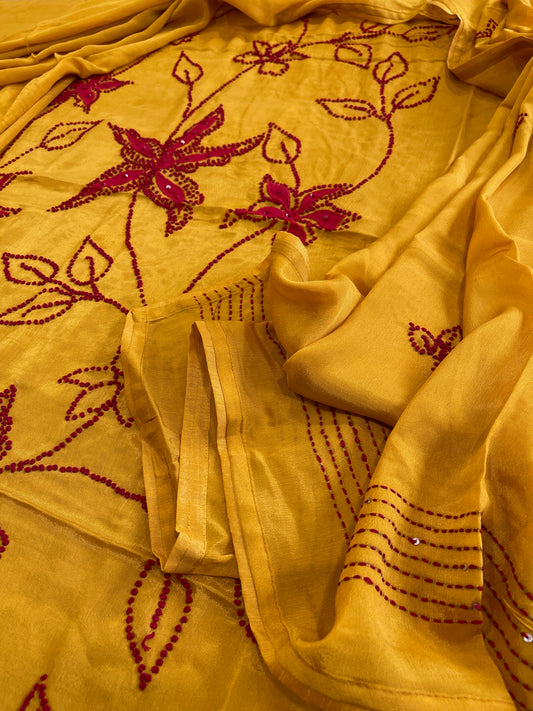 Mustard Yellow Crepe Suit Set With Knot & Sequin Handwork