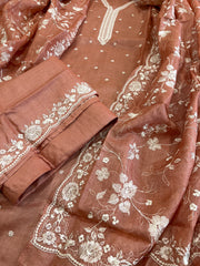 Dark Peach Suit Set with Thread Embroidery in Pure Tussar Silk
