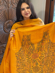 Orangish Yellow Suit Set with Kantha Handwork in Pure Tussar Silk