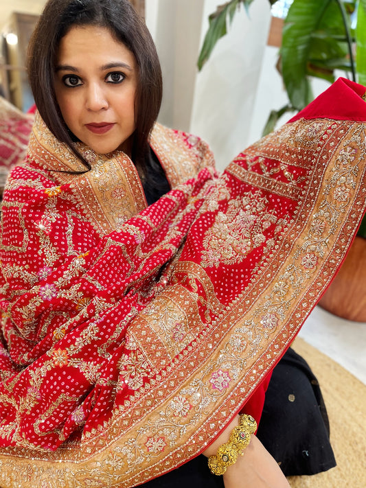 Red Handwoven NeemZari Bareek Bandhani with Meenakari and Dabka Handwork in Pure Georgette