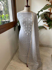 Grey Suit Set with Pearl, Cut Daana and Lucknowi Thread Handwork  in Pure Mul Chanderi