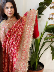 Tomato Red Handwoven NeemZari Bareek Bandhani with Sequin, Dabka Handwork in Pure Georgette