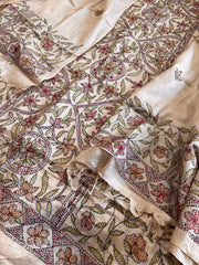 Lite Pinkish Brown Suit Set with Kantha Handwork in Pure Tussar Silk