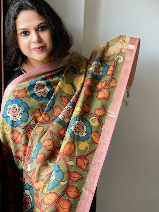 Handpainted Kalamkari Dupatta in Chanderi Silk