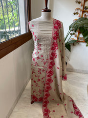 Gold. Red Suit Set with Thread Embroidery and Pitta Work in Tissue Chanderi