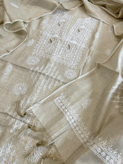 Gold Suit Set with Lucknowi Handwork in Tissue Chanderi