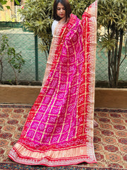Pink, Orange Bandhani Dupatta with Gotapatti Handwork in Pure Silk