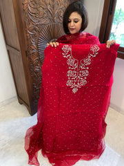 Reddish Maroon Suit Set with Mukaish Badla Handwork in Pure Organza
