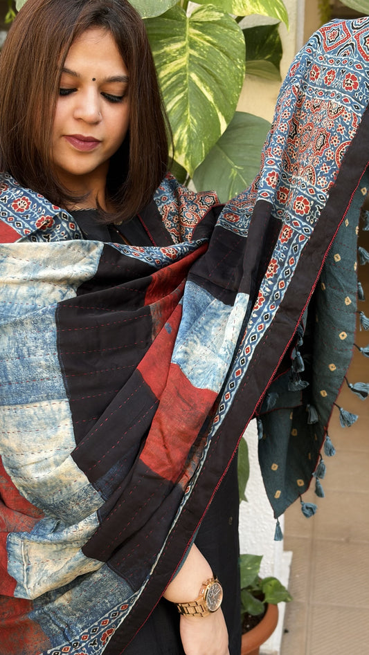Black, Blue Ajrakh Handblock Printed Silk-Woollen Shawl