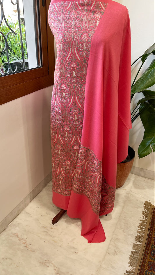 Pink Winter Suit Set with Aari Work in Pashmina Wool