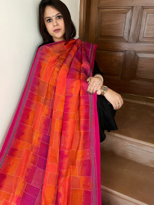 Orange, Pink Handmade Kantha Dupatta in Silk