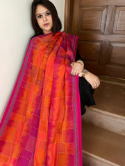Orange, Pink Handmade Kantha Dupatta in Silk