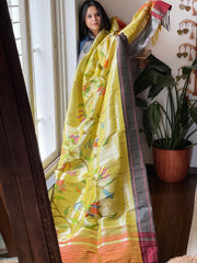 Yellowish Gold Handwoven Zari Jaal Paithani Dupatta in Pure Silk