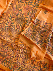 Orangish Yellow Suit Set with Kantha Handwork in Pure Tussar Silk