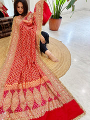 Tomato Red Handwoven NeemZari Bareek Bandhani with Sequin, Dabka Handwork in Pure Georgette