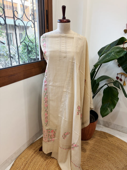 Cream Winter Suit Set with Aari Work in Pashmina Wool