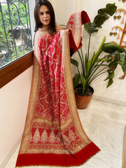 Red Handwoven NeemZari Bareek Bandhani with Meenakari and Dabka Handwork in Pure Georgette