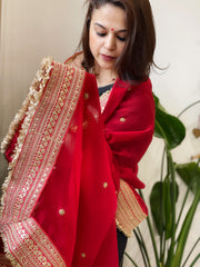 Red Chiffon Georgette Dupatta with Sequin Buta and Heavy Embroidered Border