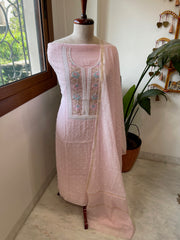Baby Pink Suit Set with Pearl, Cut Daana and Thread Handwork  in Pure Mul Chanderi