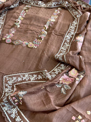 Brown Suit Set with Thread Handwork and Parsi Gara Dupatta in Mul Cotton