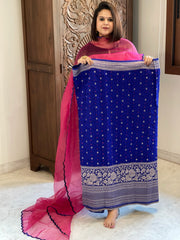 Royal Blue Handwoven Kadwa Banarasi with Hand Bandhani Suit Set in Pure Silk