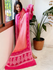 Peach, Pink Rai Bandhej Dupatta with Lucknowi Handwork in Pure Gajji Silk